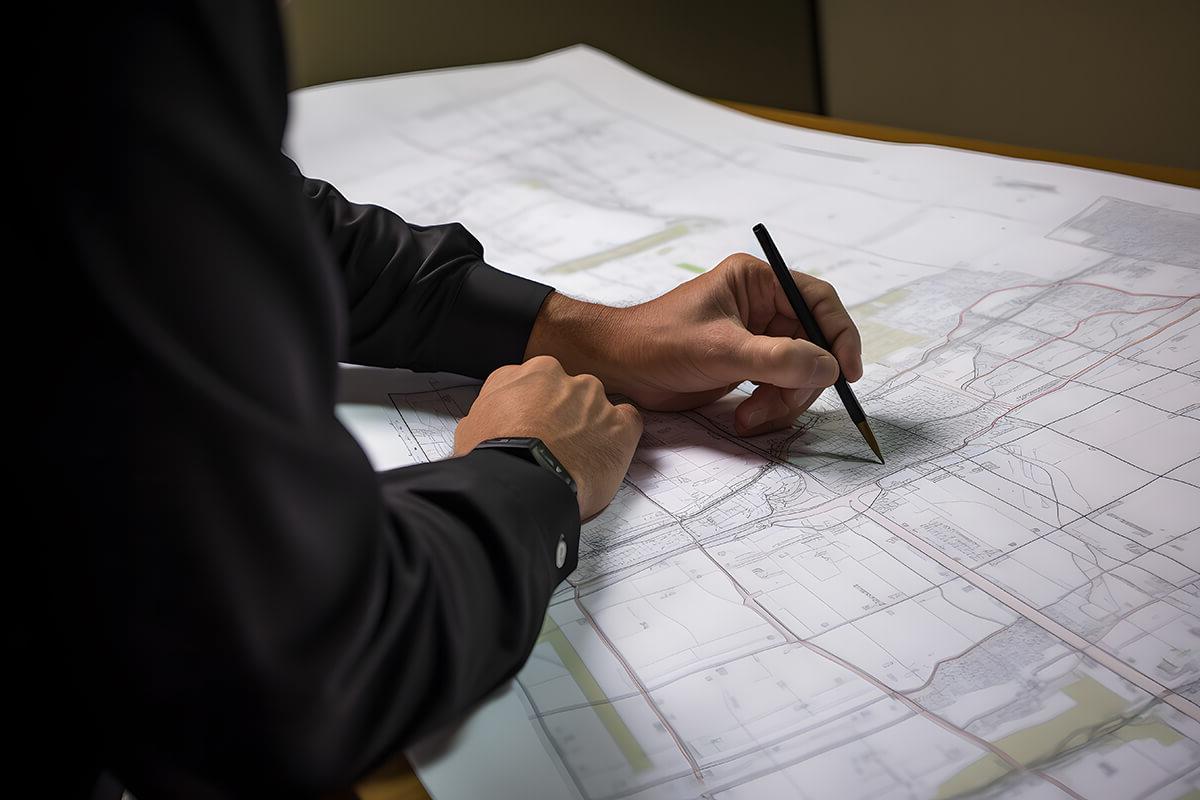 Close-up of hands drawing on unfolded design plans with a pencil